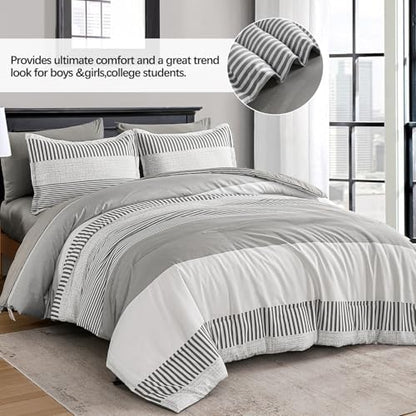 Cottolester Gray Comforter Queen 7 Pieces,Classic Striped Comforter Set