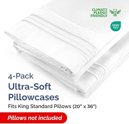 King Standard Pillow Cases Set of 4 - Soft Hotel Quality Pillowcase Covers - Comfy Bedding for Women, Men, Kids & Teens - Machine Washable Pillow Protectors - 4 Piece Set - King Standard Size White