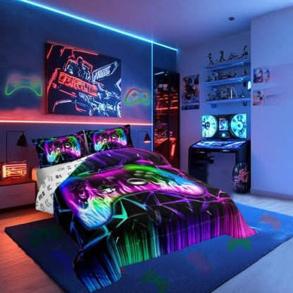 Castle Fairy Kids Gaming Comforter Set,Geometric Honeycomb Gamepad Bedding Set Kids Teens Modern Decor,Modern Video Games Comforter with 1 Pillowcase for All Seasons,Twin