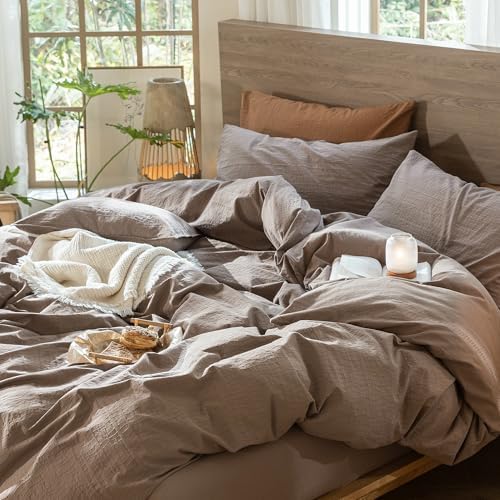 MooMee Wavy Striped Duvet Cover Set 100% Washed Cotton Linen Like Textured Breathable Durable Soft Comfy (Brown, Super Queen 90"x98")