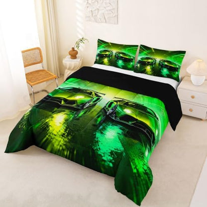 Feelyou Green Racing Car Kids Comforter Set King Size Boys Sports Car Bedding Set Speed Sports Duvet Quilt for Kids Boys Girls Bedroom Extreme Decor Microfiber Ultra Soft Breathable