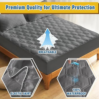 Waterproof Mattress Pad Twin XL Size, Breathable Mattress Protector with 6-16” Deep Pocket, Gray