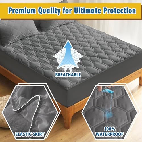 Waterproof Mattress Pad California King Size, Breathable Mattress Protector with 6-18” Deep Pocket, Gray