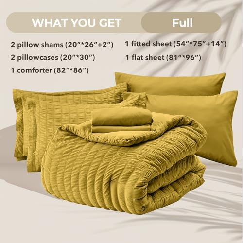 HYMOKEGE Mustard Yellow Full Size Comforter Sets Seersucker 7 Pieces, All Season Luxury Bed in a Bag for Bedroom, Bedding Set with Comforter, Sheets, Pillowcases & Shams
