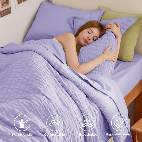 HYMOKEGE Light Purple Twin XL Comforter Set Seersucker 5 Pieces, All Season Luxury Bed in a Bag for Bedroom, Bedding Set with Comforter, Sheets, Pillowcase & Sham