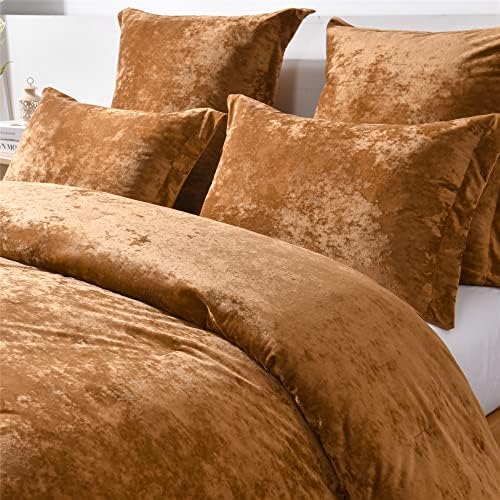 Fredsure Distressed Velvet Comforter Set, 5 Pieces Gold Caramel King, Distressed Velvet Face and Brushed Microfiber Reverse