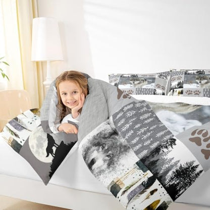 Manfei Wolf Kids Comforter Set King Size,Wolf Paws Print Pine Trees Wild Adventure Bedding Set,Boys Girls Adults Room Decor,Geometric Plaids Patchwork Down Comforter,Rustic Duvet Insert,2 Pillowcases