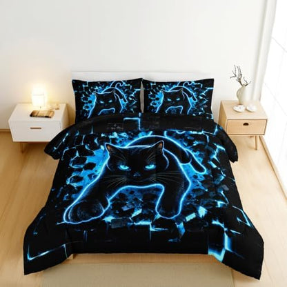 HOSIMA Neon Black Cat Comforter King for Kids Boys with 2 Pillowcases.