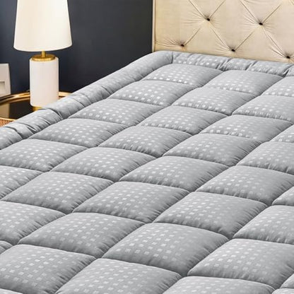 HYLEORY California King Mattress Pad Quilted Fitted Mattress Protector Cooling Pillow Top Mattress Cover Breathable Fluffy Soft Mattress Topper with 8-21" Deep Pocket, Light Grey