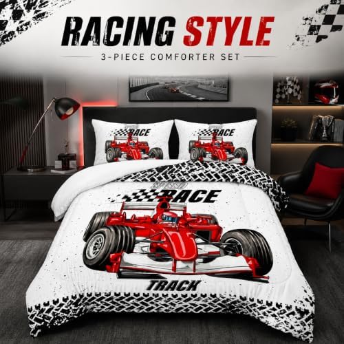 AILONEN Red Racing Car Comforter Set Twin Size, Extreme Sports Theme Bedding Set Black White Grid for Kids Boys,Race Car Competition Bed in a Bag Soft Breathable,1 Quilt 2 Pillowcases,3 Pcs