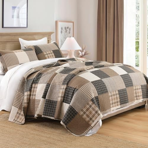 Quilta 100% Cotton Quilt Set, Farmhouse Brown Plaid Bedspread King Size