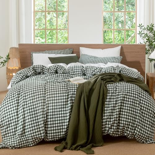 MooMee Gingham Duvet Cover Set 100% Washed Cotton Linen Like