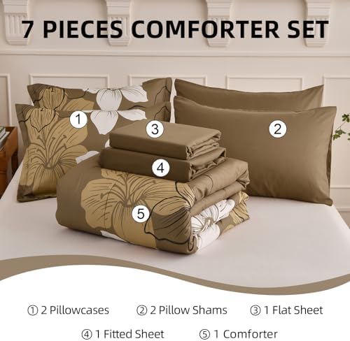 Luxudecor Brown King Size Comforter Set, 7 Pieces Floral Bed in a Bag