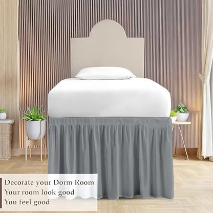 Dorm Bed Skirt Twin XL 42 Inch Drop, Easy to Install Extra Long Wrap Around Elastic Dust Ruffle, Bedskirt Solid Silky Fabric Machine Washable, Ruffled College Dorm Room Light Grey