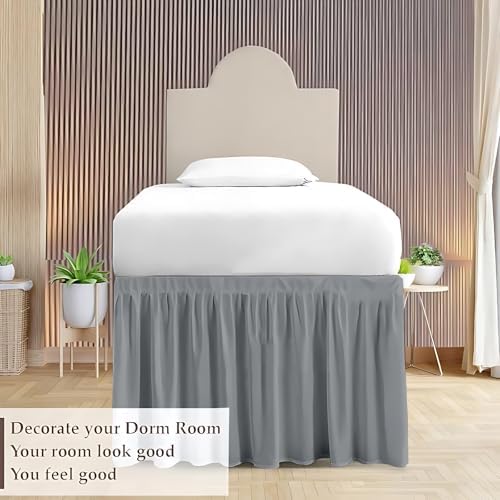 Dorm Bed Skirt Twin XL 30 Inch Drop, Easy to Install Extra Long Wrap Around Elastic Dust Ruffle, Bedskirt Solid Silky Fabric Machine Washable, Ruffled College Dorm Room Light Grey