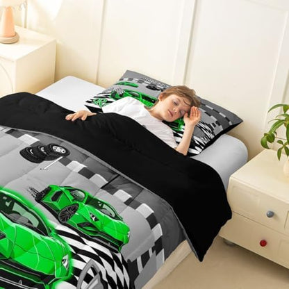 Feelyou Boys Race Car Kids Comforter Set King Size Speed Sports Car Bedding Set Racing Extreme Sports Duvet Quilt for Kids Boys Girls Bedroom Green Automobile Decor Microfiber Ultra Soft Breathable