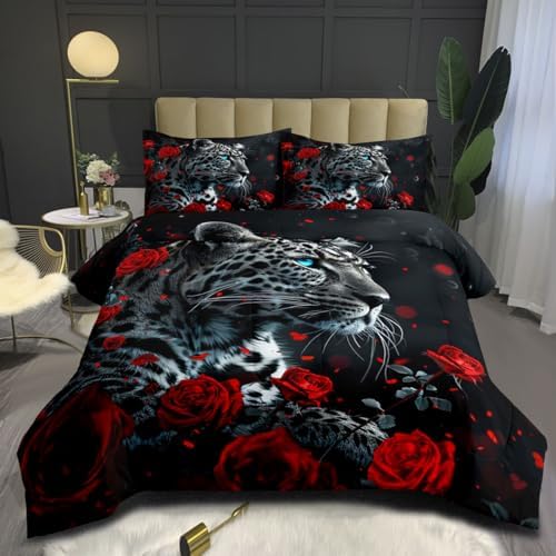 CCoutueChen Leopard Comforter Set Queen Red Black Cheetah Print Bedding