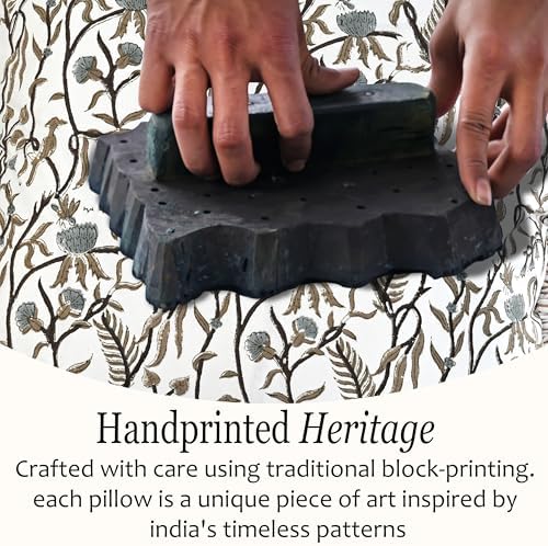 CPC Block Print Cocoa Vine Ruffle Cotton Lumbar Pillow Cover 12x20 inch