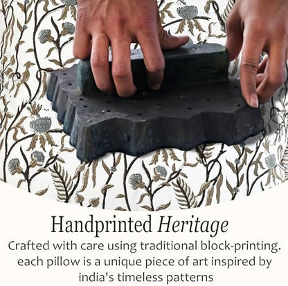 CPC Block Print Cocoa Vine Ruffle Cotton Lumbar Pillow Cover 12x20 inch