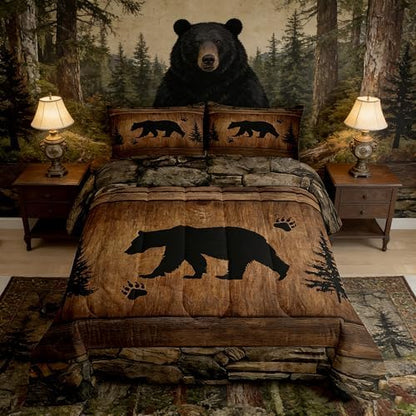 Rustic Bear Comforter Set Twin Size,Wild Animal Hunting Bedding Set 2pcs,Farmhouse Cabin Vintage Woodland Wildlife Down Comforter for All Season,Kids Boys Teens Room Decor,1 Pillowcase,No Sheets