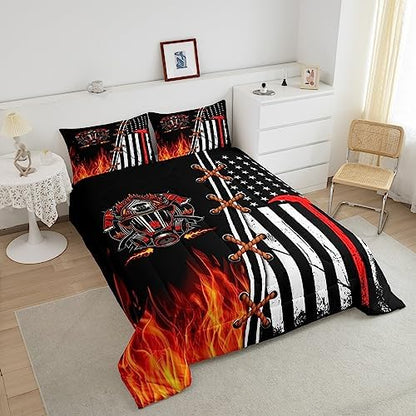 Castle Fairy Boys Firefighter Twin Size Comforter Set,Kids American Flag Decor All Season Bedding Set,Teens Burning Flame Comforter,Children Red and Black Decor Quilt Set Bedroom Collection 2Pcs
