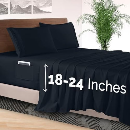Elegant Comfort 4-Piece Bed Sheet Set - Luxury Bedding 1500 Premium Hotel Quality Microfiber, All Around Elastic 18-24 Inches Deep Fitted Sheet- Extra Deep Pocket Sheets, Queen, Black