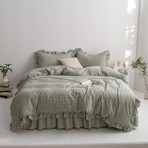 mixinni Green Gingham Ruffle Duvet Cover Queen Size 3 Pieces – 100% Washed Cotton, Vintage Plaid Ruffled Bedding Set with Zipper Ties, Soft Checkered Grid Farmhouse Chic Comforter Cover Set