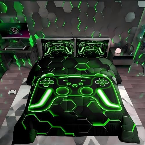 Erosebridal Gamer Comforter Set Neon Honeycomb Gaming King Bedding Set, Game Boy Games Comforter Green Hexagon Lights Duvet Insert,Boys Bedroom Decor