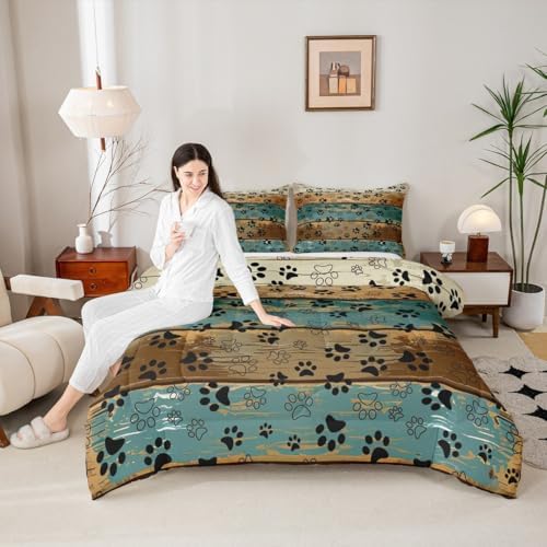 Manfei Dog Paw Comforter Set Queen Size, Cartoon Animals Claw Print Bedding Set 3pcs, Rustic Farmhouse Down Comforter for Kids Boys Girls Room Decor, Brown Teal Wooden Plank Bed Set for All Season