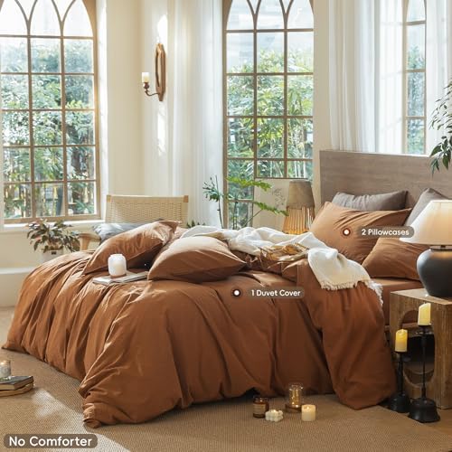 MooMee Wavy Striped Duvet Cover Set 100% Washed Cotton Linen Like Textured Breathable Durable Soft Comfy (Dark Orange, Queen 90"x90")