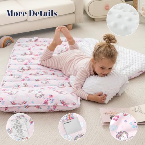 PHF Toddler Nap Mat with Removable Pillow and Minky Blanket, Rollup Design Kids Sleeping Mat, Slumber Bags for Girls, 55"x23" Toddler Sleeping Bag for Daycare Preschool Travel Camping, Unicorn