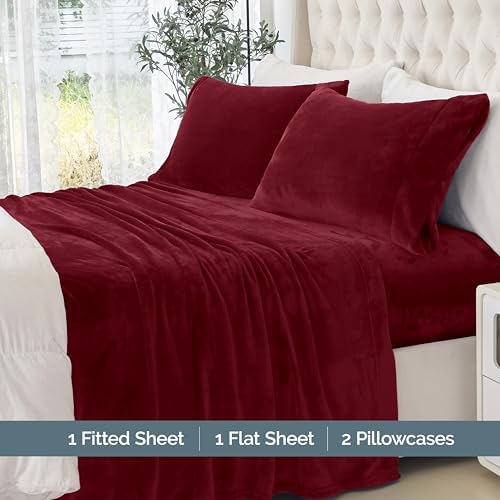Elegant Comfort Luxuriously Soft 4-Piece Velvet Plush Flannel Sheet Set - Premium Quality - Cozy Warm, Anti-Static, Non Pilling Fuzzy Velvet Flannel Fleece Deep Pocket Sheet Set - Twin, Burgundy