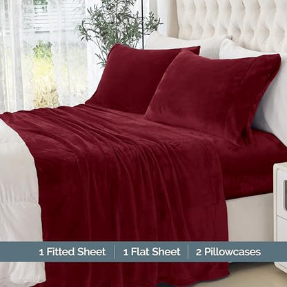 Elegant Comfort Luxuriously Soft 4-Piece Velvet Plush Flannel Sheet Set - Premium Quality - Cozy Warm, Anti-Static, Non Pilling Fuzzy Velvet Flannel Fleece Deep Pocket Sheet Set - Cal King, Burgundy