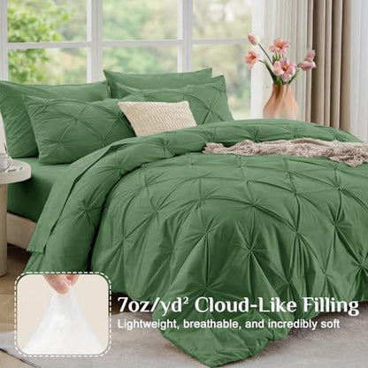 JOLLYVOGUE King Size Comforter Set 7 Pieces - Bed in a Bag King for All Season, Pintuck Bedding Comforter Sets with Comforter, Flat Sheet, Fitted Sheet and Pillowcases & Shams, Green