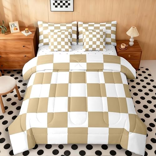 jejeloiu Light Brown Bedding Set 7Pcs Full Size Kids Checkered Grid Comforter Set with Sheets for Boys Girls Classic Plaid Buffalo Check Bed in a Bag Soft Lightweight,Microfiber