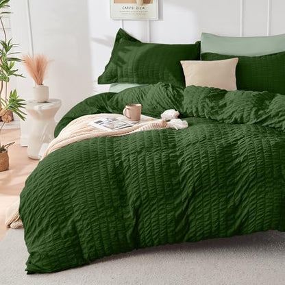 HYMOKEGE Dark Green/Sage Green Full Size Comforter Sets Seersucker 7 Pieces, All Season Luxury Bed in a Bag for Bedroom, Bedding Set with Comforter, Sheets, Pillowcases & Shams