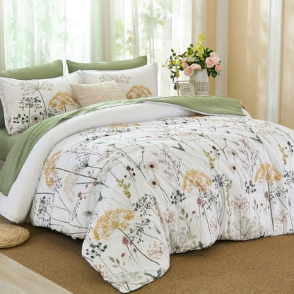 Yiran King Comforter Size Set, 7 Piece Green Dandelion Floral Bed in a Bag