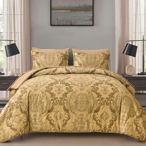 WONGS BEDDING Gold Comforter Set Queen Size, Damask Texture Design 7 Pieces Bed in a Bag Microfiber Comforter Bedding Sets -1 Comforter, 1 Flat Sheet, 1 Fitted Sheet, 2 Pillow Shams, 2 Pillowcases