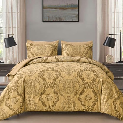 WONGS BEDDING Gold Comforter Set King Size, Damask Texture Design 7 Pieces Bed in a Bag Microfiber Comforter Bedding Sets -1 Comforter, 1 Flat Sheet, 1 Fitted Sheet, 2 Pillow Shams,2 Pillowcases