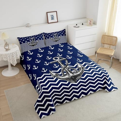 Nautical Anchor Comforter Set Queen Size Navy Blue White Geometric Stripes Bedding Set 3Pcs Kids Boys Teens Room Decor Abstract Ocean Waves Quilt Set Sea Adventure Duvet Insert,2 Pillowcases