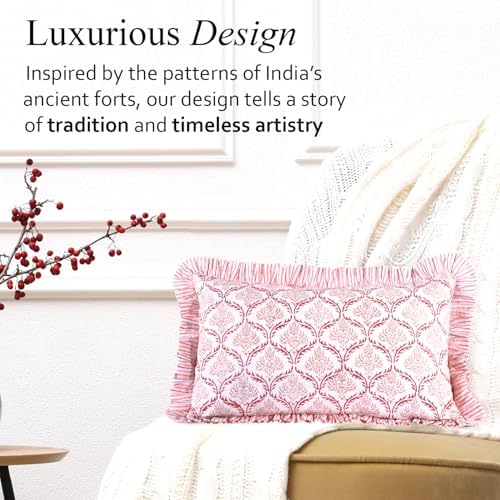 CPC Block Print Blush Rose Ruffle Cotton Lumbar Pillow Cover 12x20 inch