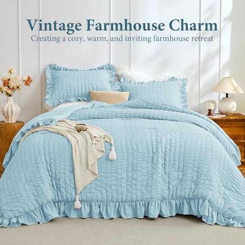 JOLLYVOGUE Light Blue Queen Comforter Set, 3 Pieces Seersucker Comforters Queen Size, Lightweight & Fluffy Bedding Sets for All Season with 1 Ruffle Comforter & 2 Ruffle Pillowshams