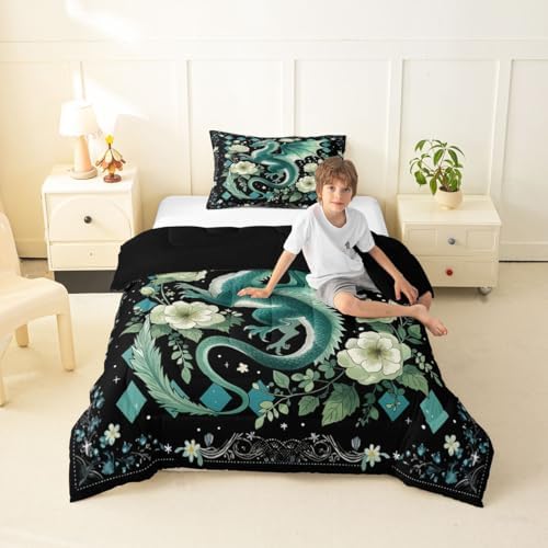 Feelyou Dragon Bedding Set Soft for Boys Girls, Magical Beast Comforter Set Toddler Size Jungle Dragon Duvet Quilt Microfiber Wild Animal Bedroom Decor Fantasy Animal 2 Pcs with 1 Pillow Cases