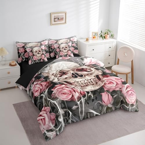 Erosebridal Gothic Skull Bedding Set Full,Romantic Pink Rose Comforter Set,Spooky Bone Skeleton Floral(Comforter+Fitted+Flat Sheet+2 Pillowcases+2 Throw Pillow Covers) 7 Pieces Halloween Bed Set