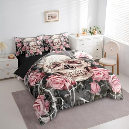 Erosebridal Gothic Skull Bedding Set Twin,Romantic Pink Rose Comforter Set,Spooky Bone Skeleton Floral(Comforter+Fitted+Flat Sheet+2 Pillowcases+2 Throw Pillow Covers) 7 Pieces Halloween Bed Set