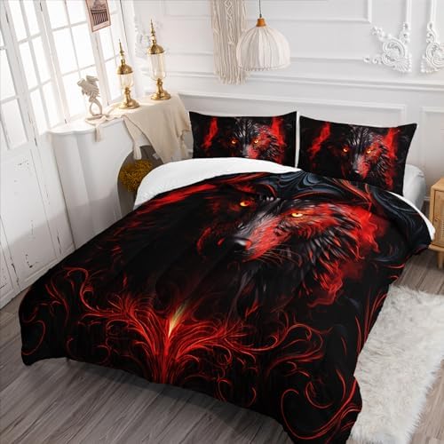 Nttopship Wolf Printed Bedding Set, Wolf Comforter Set King Size,Boys Bedding Set 100% Soft Ultra-fine Fiber Four Season Red Flame with 1 Comforter and 2 Pillow Case