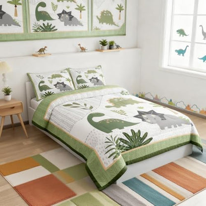 Cute Dinosaur Kids Comforter Set,Child Green Palm Leaves Plant Duvet Set for Boys Girls Bedroom Decor,Cartoon Animals Jungle Dino Brushed Microfiber Soft Reversible Print Quilt,Full Size 3 PCS