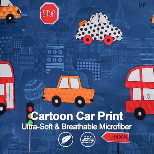Wajade Cartoon Cars Comforter Set Bed in A Bag Twin Size Colorful Cars Bus Van Traffic Lights Bedding Set for Boys Kids (1 Comforter, 1 Flat Sheet, 1 Fitted Sheet, 2 Pillowcase and 2 Pillow Sham)