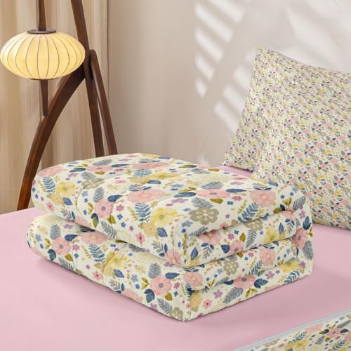 Feelyou Vintage Floral Twin Zipper Bedding for Boys, Flower 3-Piece-All-in-one Soft and Sturdy, Botanical Leaf Zip Up Bedding with Deep Fitted Sheet and 2 Pillowcases