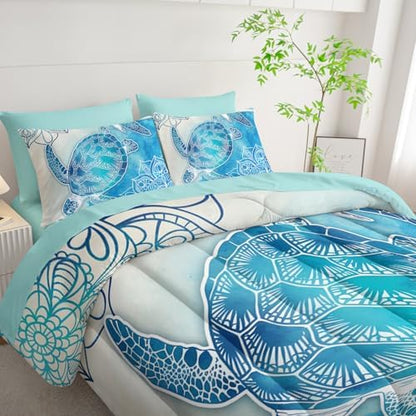 HOSIMA 7Pcs Sea Turtle Full Comforter Set Ocean Themed Animal Bedding.